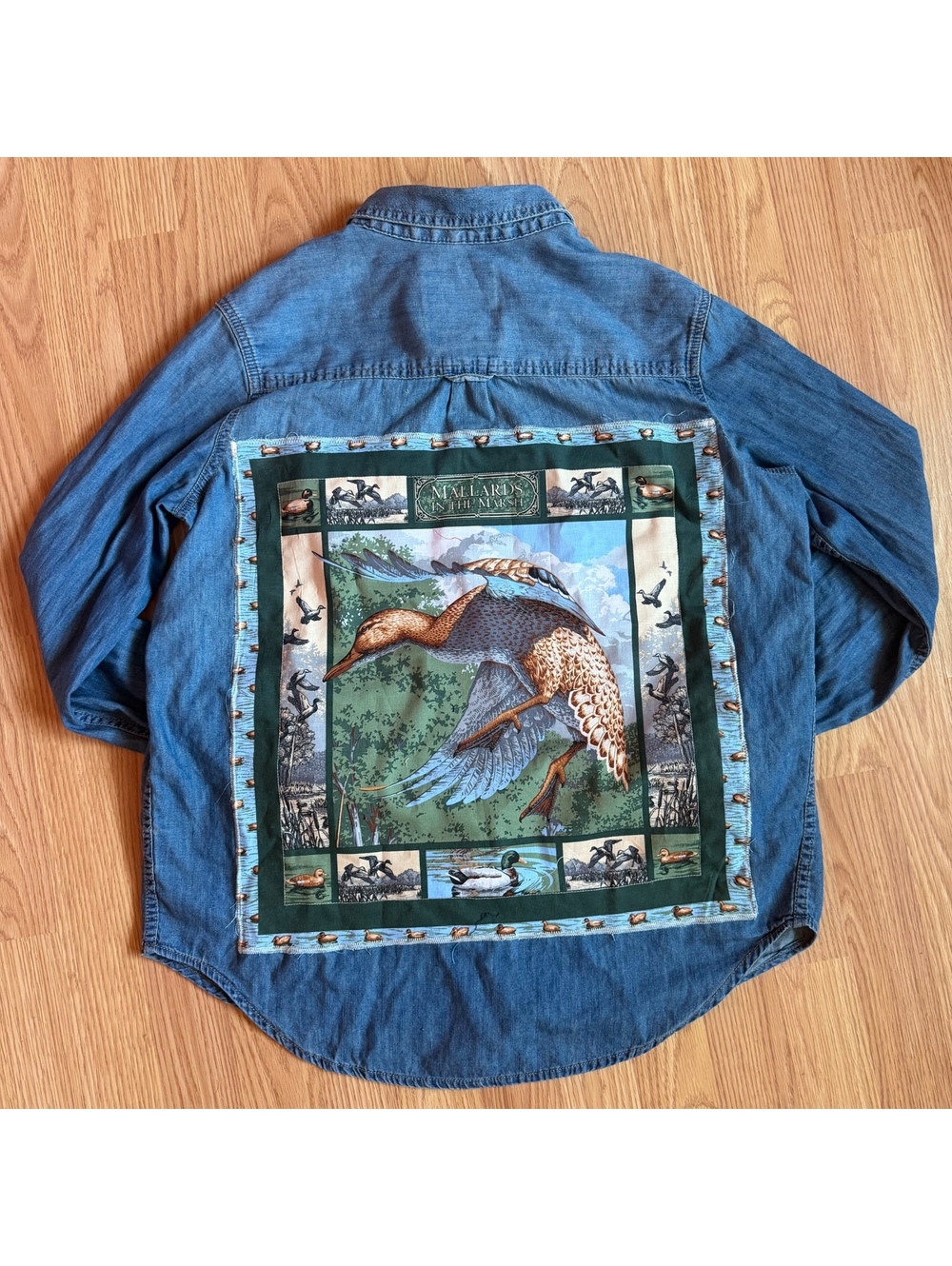 Mossimo Upcycled Denim Boyfriend Shirt Mallard Ducks Fall Size Large